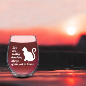 It's Not Really Drinking Alone If The Cat Is Home - 15oz Stemless Wine Glass - Cat Animal Lover Crazy Cat Lady Fur Mama From Son Daughter Husband Nana Papa for Women, Friends, Sisters, Girls