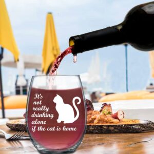 It's Not Really Drinking Alone If The Cat Is Home - 15oz Stemless Wine Glass - Cat Animal Lover Crazy Cat Lady Fur Mama From Son Daughter Husband Nana Papa for Women, Friends, Sisters, Girls