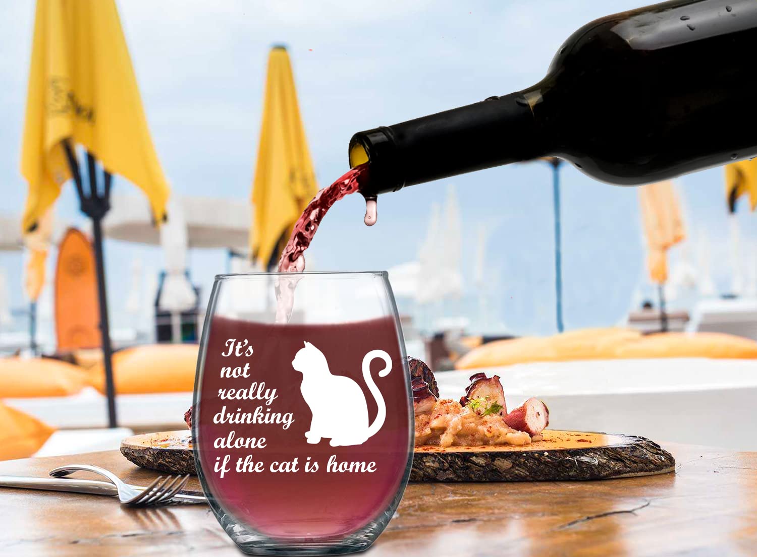 It's Not Really Drinking Alone If The Cat Is Home - 15oz Stemless Wine Glass - Cat Animal Lover Crazy Cat Lady Fur Mama From Son Daughter Husband Nana Papa for Women, Friends, Sisters, Girls