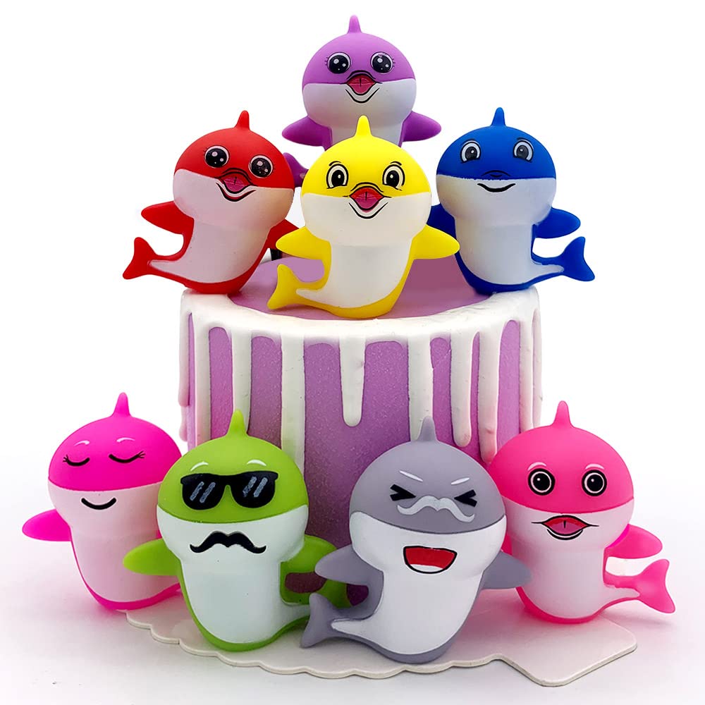 MILIUS Shark Cake Toppers-8 Pack Little Cute Dolphin Family Figures Cake & Cupcake Decorations for Kids Underwater Theme Birthday Party Supplies Baby Shower Bath Toys