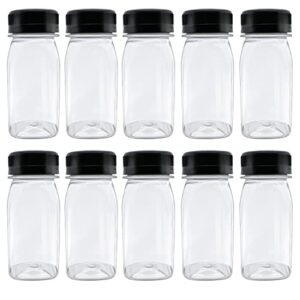 myyzmy 10 pcs 4 ounce plastic juice bottles, reusable bulk beverage containers for juice, milk and other beverages, black lid