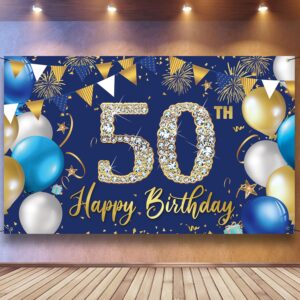 50th birthday decorations backdrop for men, happy 50th birthday decorations men, blue birthday photography background, 50 year old birthday party sign poster photo props fabric 6.1ft x 3.6ft phxey