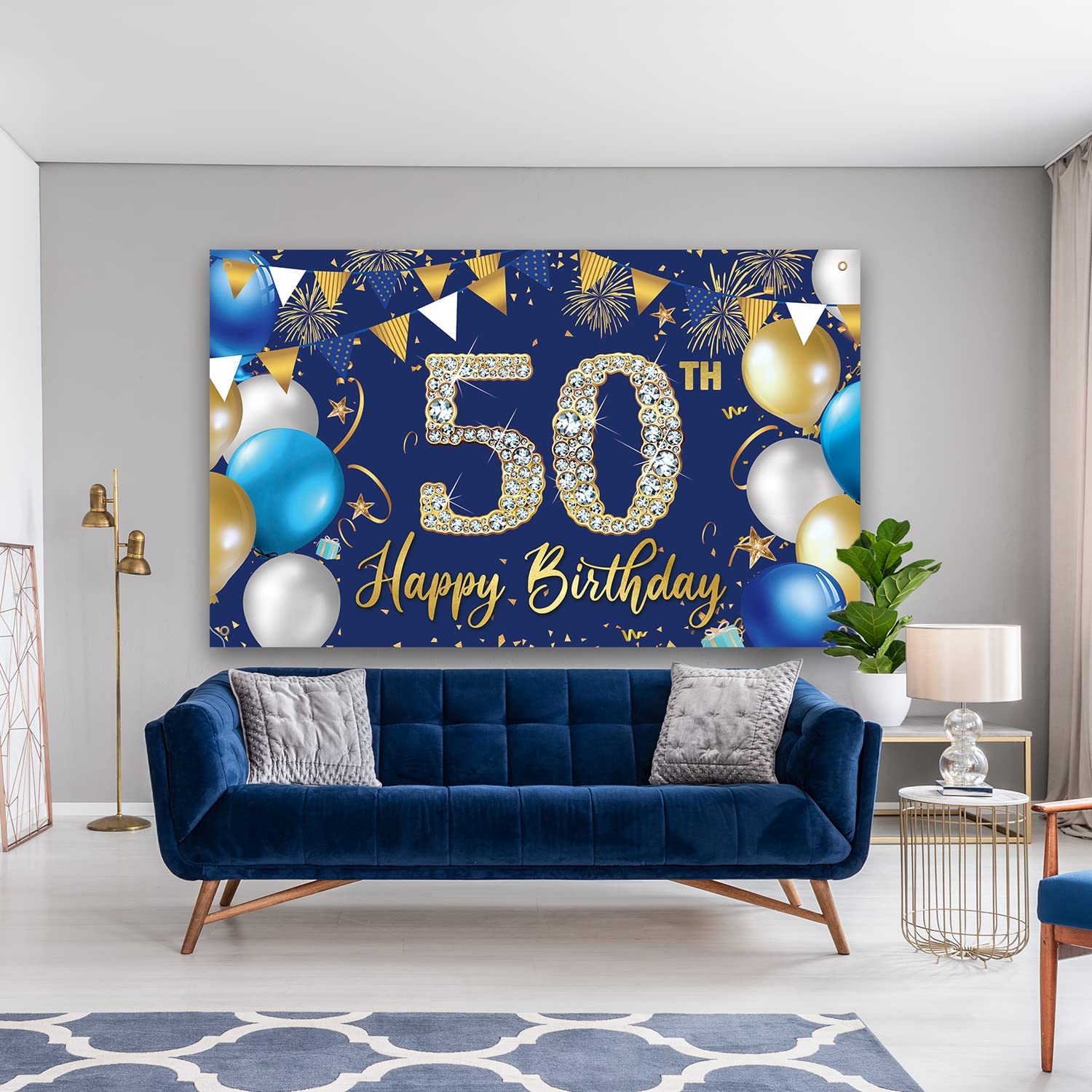 50th Birthday Decorations Backdrop for Men, Happy 50th Birthday Decorations Men, Blue Birthday Photography Background, 50 Year Old Birthday Party Sign Poster Photo Props Fabric 6.1ft x 3.6ft PHXEY