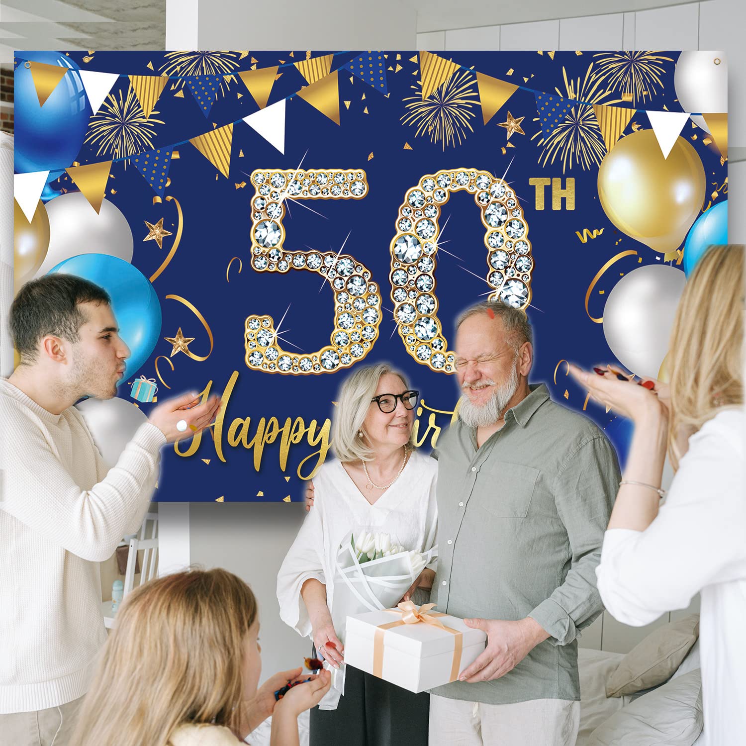 50th Birthday Decorations Backdrop for Men, Happy 50th Birthday Decorations Men, Blue Birthday Photography Background, 50 Year Old Birthday Party Sign Poster Photo Props Fabric 6.1ft x 3.6ft PHXEY
