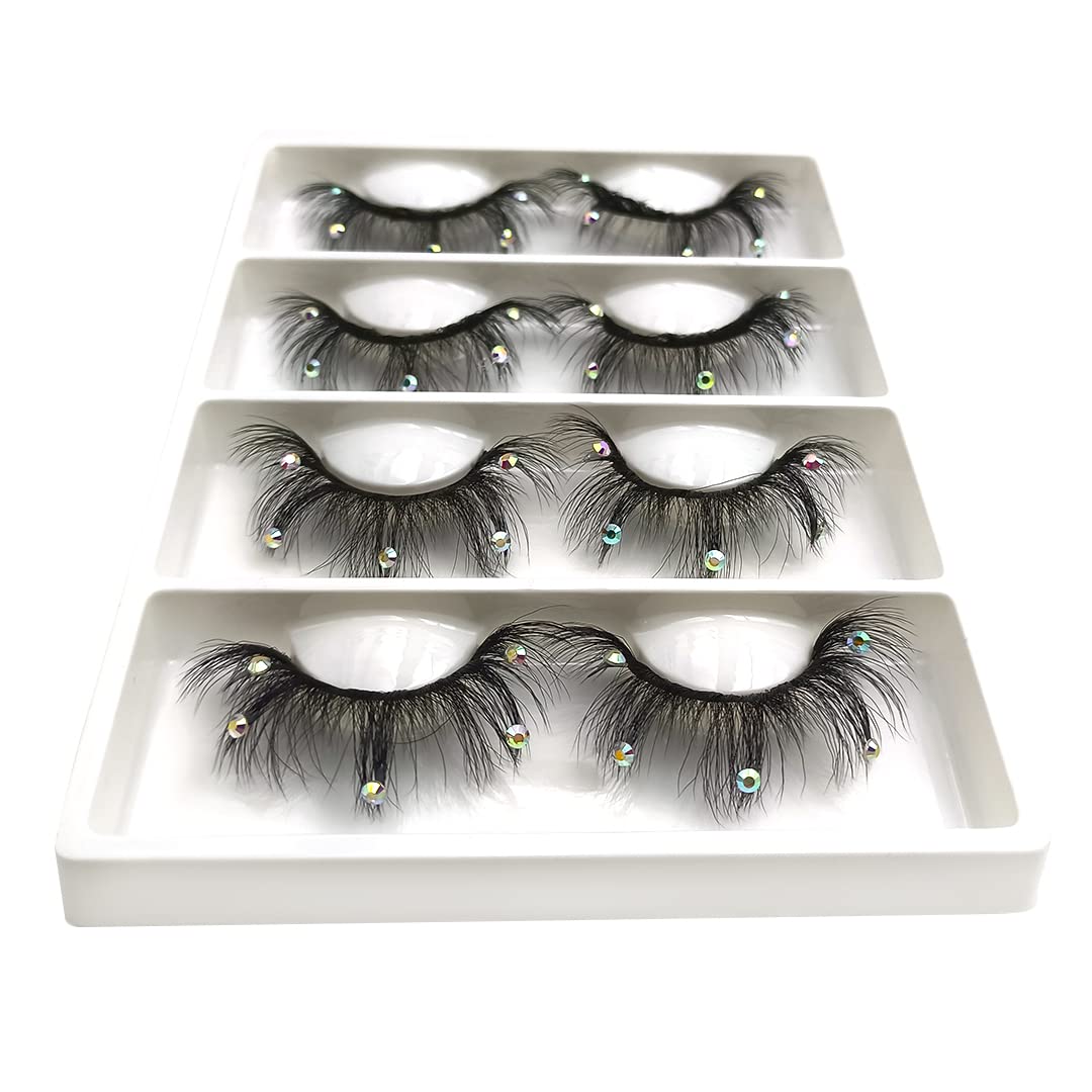 Mink Lashes with Glitter Rhinestones Cute Popular Eyelashes 4 Pairs(AF08crystal)