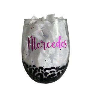 Jemley Personalized Gifts | Wine Glass Leopard Print Custom Name | Personalized Gift for Her | Cheetah Stemless Wine Glass 20oz - Handmade