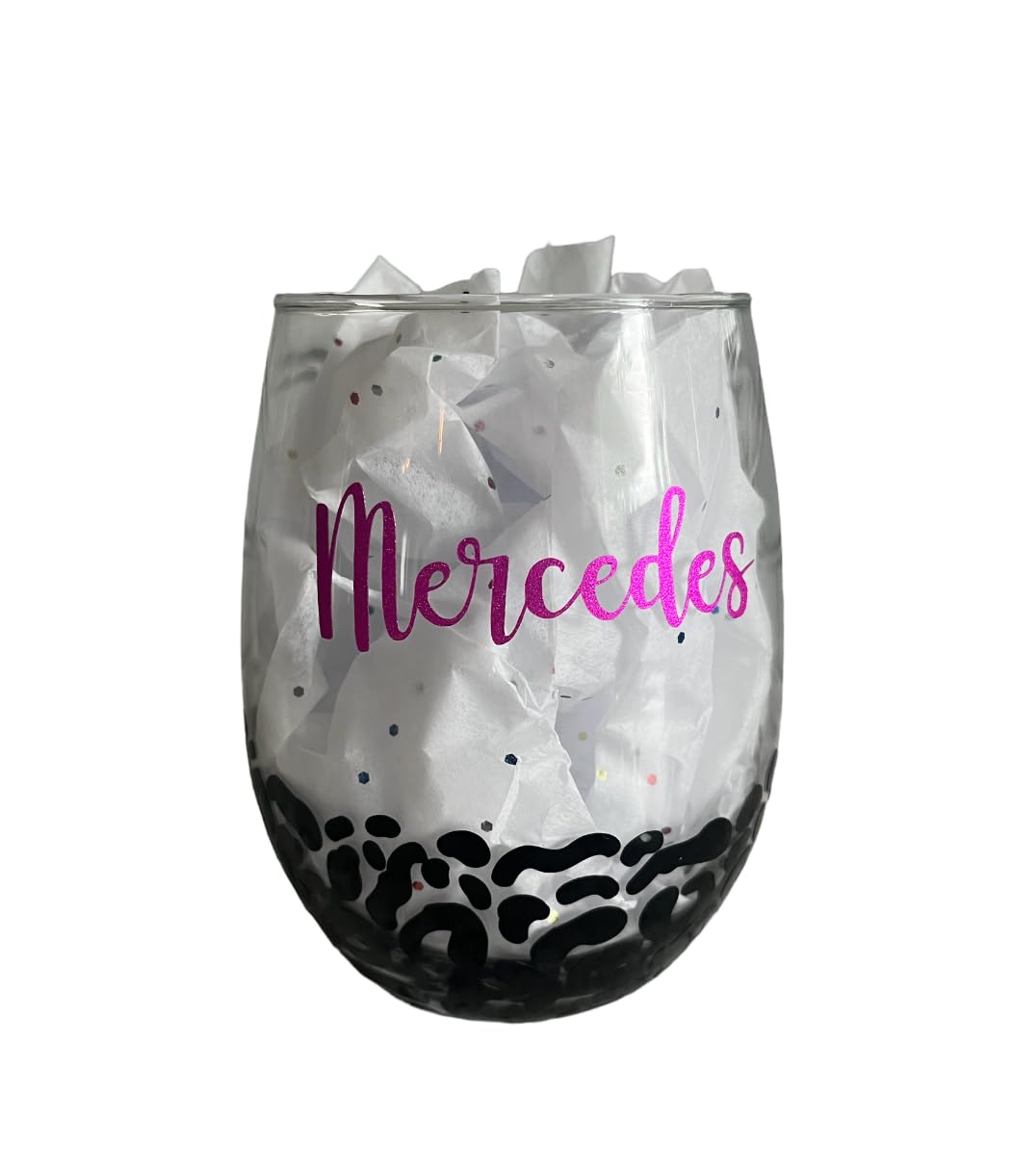 Jemley Personalized Gifts | Wine Glass Leopard Print Custom Name | Personalized Gift for Her | Cheetah Stemless Wine Glass 20oz - Handmade