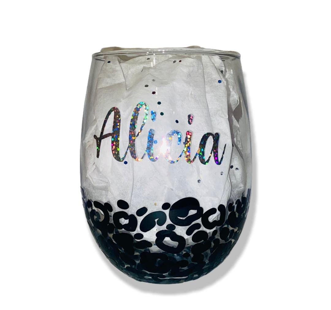 Jemley Personalized Gifts | Wine Glass Leopard Print Custom Name | Personalized Gift for Her | Cheetah Stemless Wine Glass 20oz - Handmade