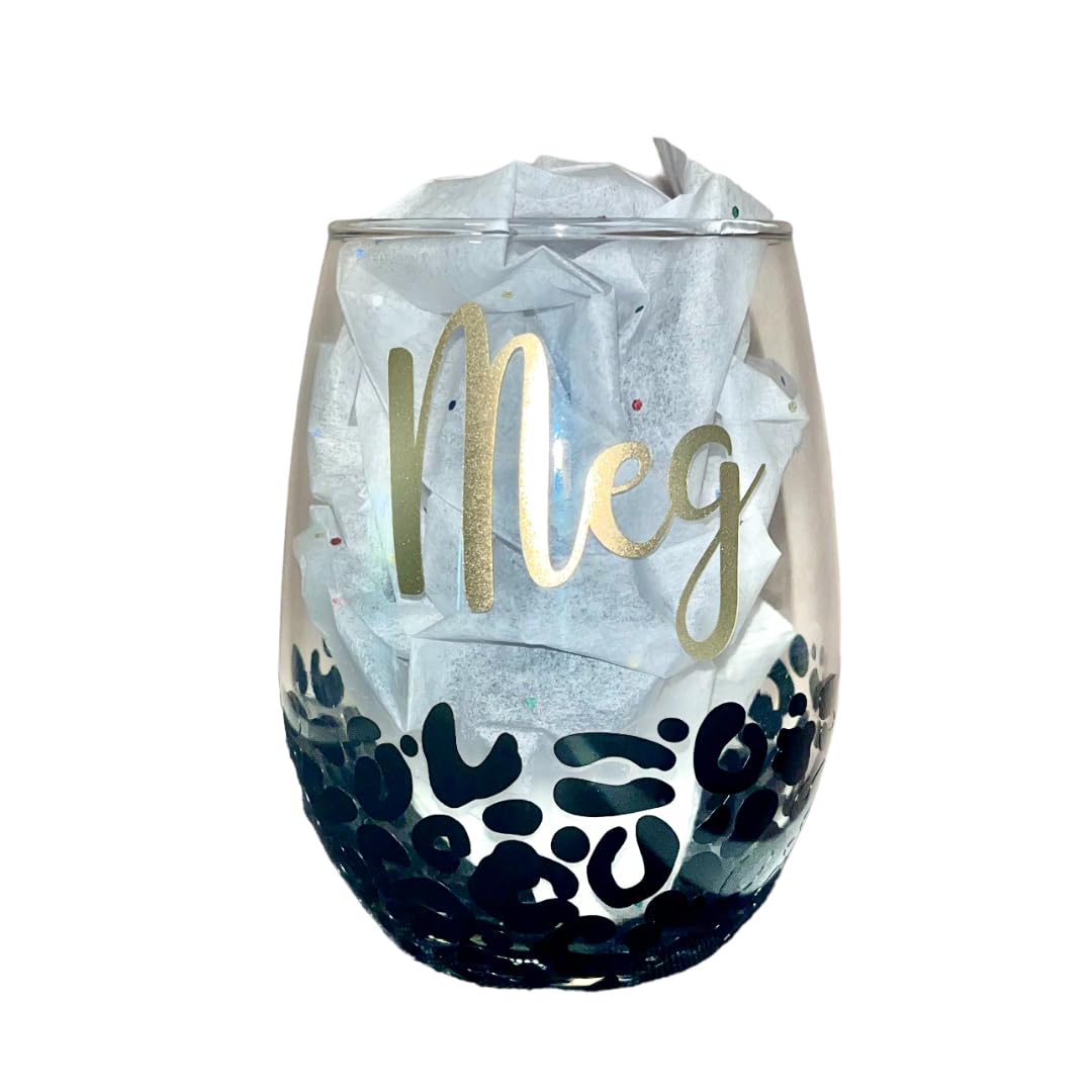 Jemley Personalized Gifts | Wine Glass Leopard Print Custom Name | Personalized Gift for Her | Cheetah Stemless Wine Glass 20oz - Handmade