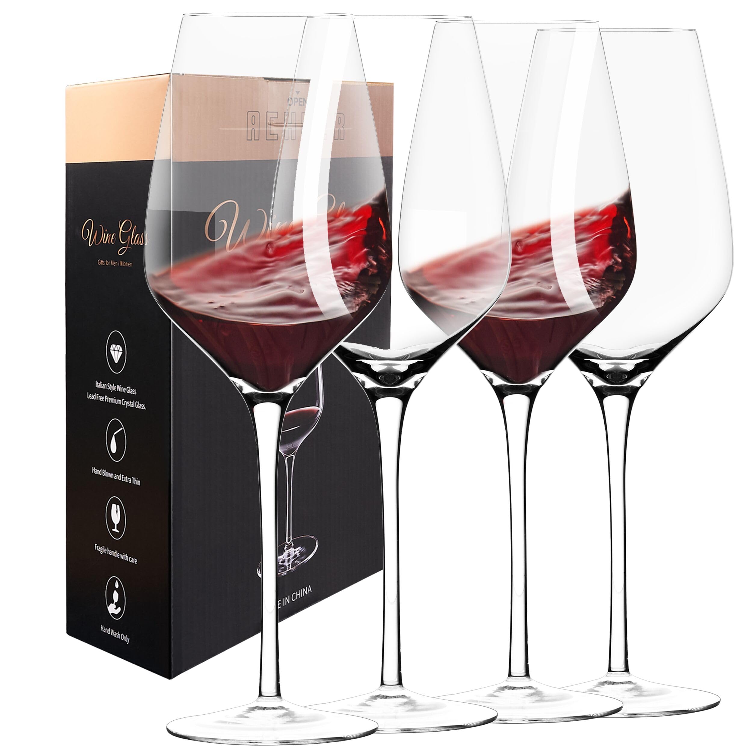 ACHEER Crystal Red Wine Glasses Set of 4, 20 OZ, Hand Blown Bordeaux Glasses Italian Style, Large, Long Stem, Lead-Free, Light, Ultra-thin, Clear, Tall, Gift Box- for Christmas, Anniversary, Birthday