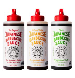 bachan's japanese barbecue sauce 3 pack - 1 original, 1 hot and spicy, 1 citrus yuzu, bbq sauce for wings, chicken, beef, pork, seafood, noodles, and more. non gmo, no preservatives, vegan, bpa free