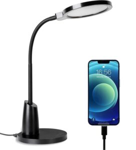 led desk lamp with usb charging port, small desk lamp for home office 10 levels brightness, study lamp for kids students, flexible goose eye-caring black table lamp, 45 minutes auto-off timer.