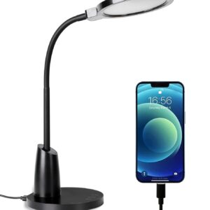 LED Desk Lamp with USB Charging Port, Small Desk Lamp for Home Office 10 Levels Brightness, Study Lamp for Kids Students, Flexible Goose Eye-Caring Black Table Lamp, 45 Minutes Auto-Off Timer.