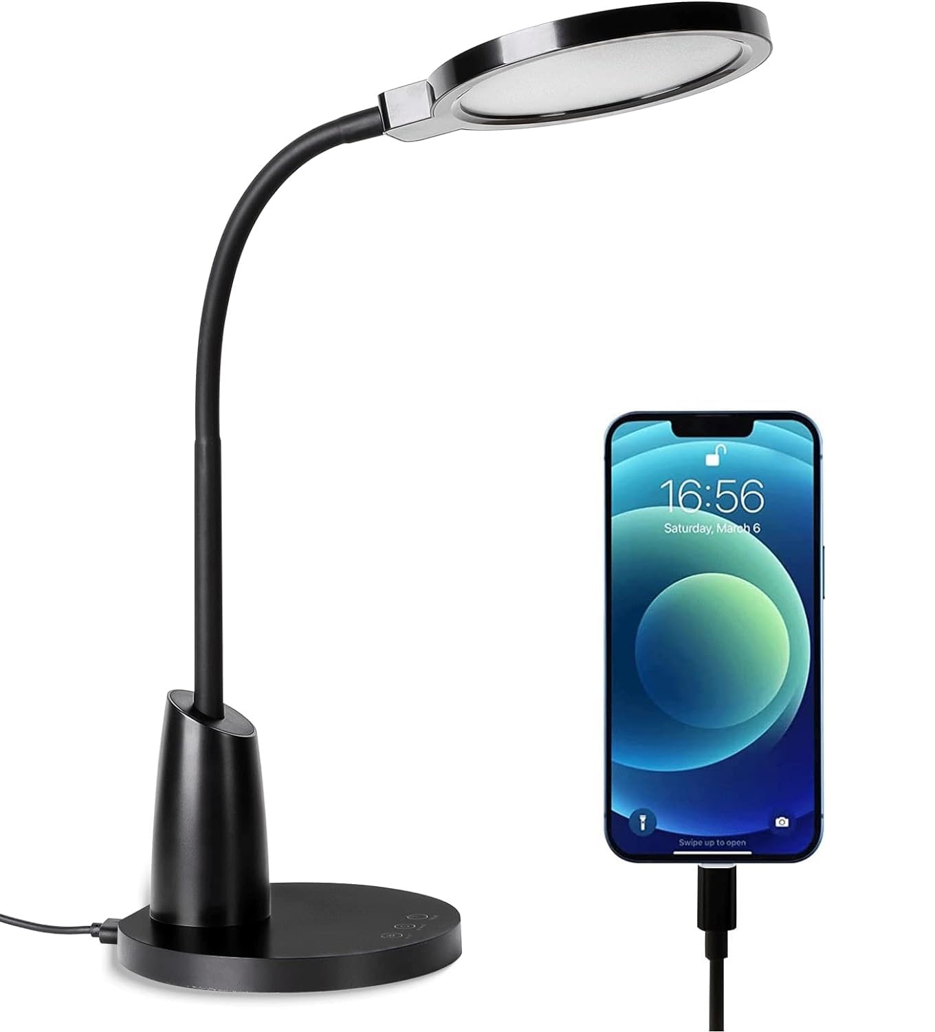 LED Desk Lamp with USB Charging Port, Small Desk Lamp for Home Office 10 Levels Brightness, Study Lamp for Kids Students, Flexible Goose Eye-Caring Black Table Lamp, 45 Minutes Auto-Off Timer.