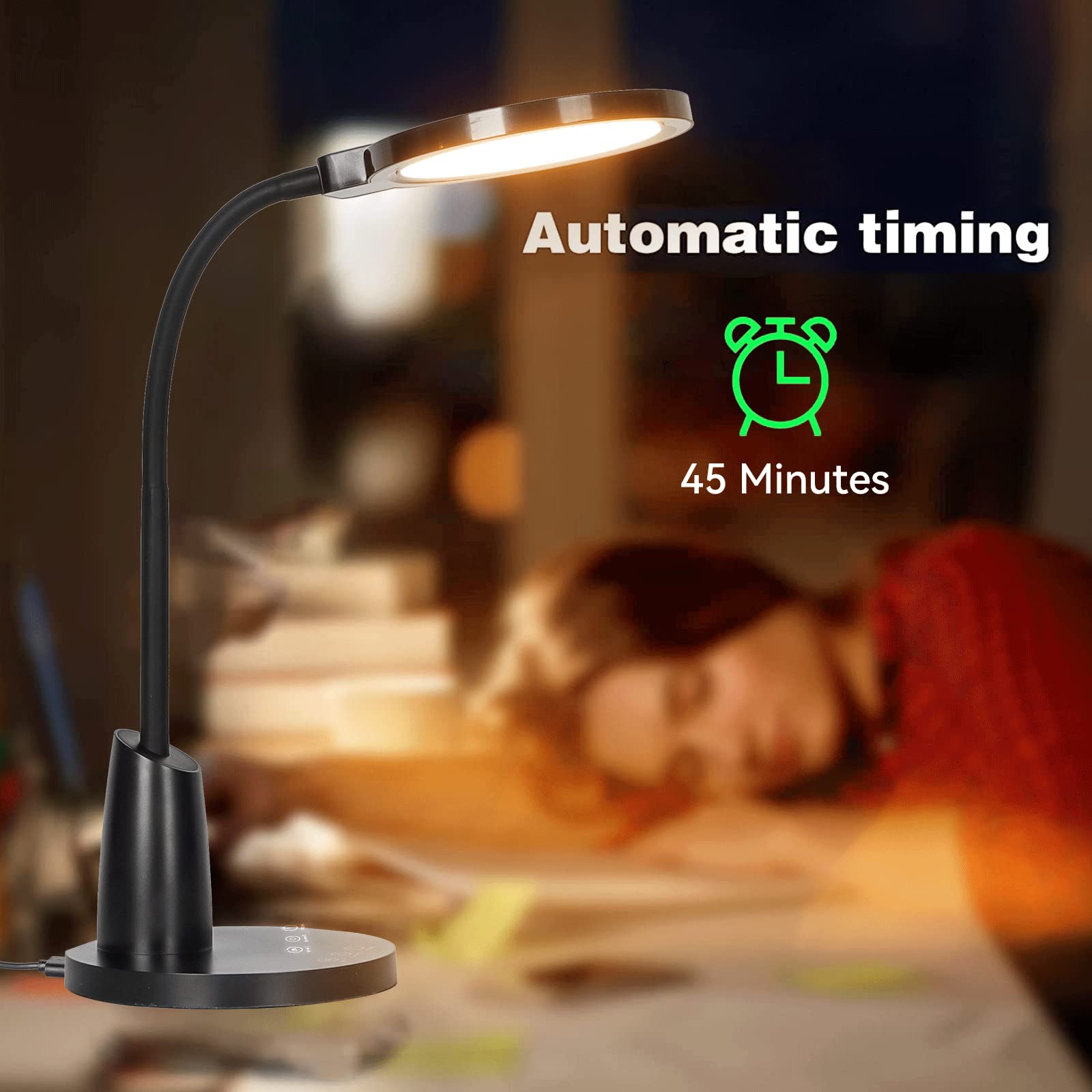 LED Desk Lamp with USB Charging Port, Small Desk Lamp for Home Office 10 Levels Brightness, Study Lamp for Kids Students, Flexible Goose Eye-Caring Black Table Lamp, 45 Minutes Auto-Off Timer.