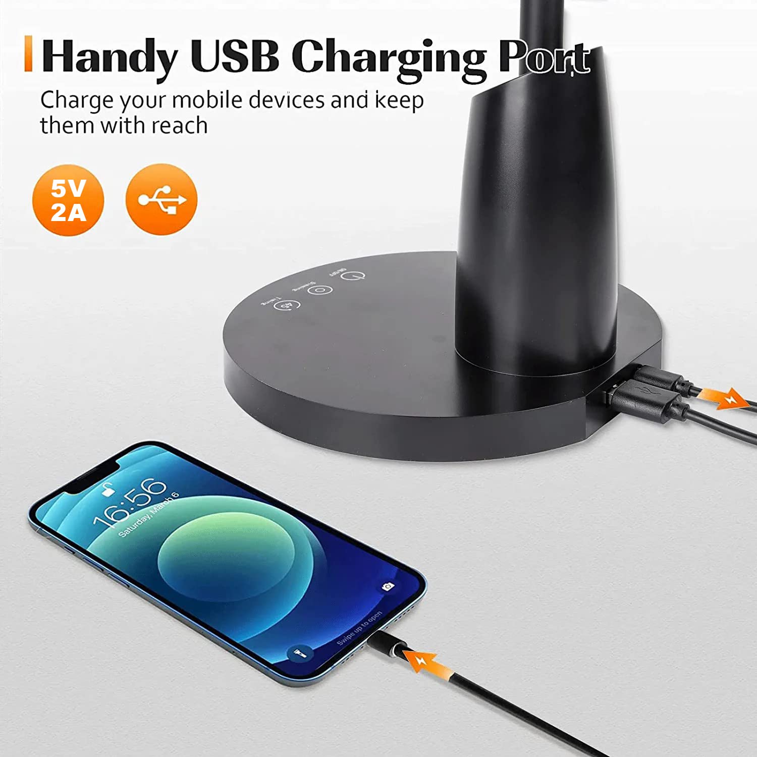 LED Desk Lamp with USB Charging Port, Small Desk Lamp for Home Office 10 Levels Brightness, Study Lamp for Kids Students, Flexible Goose Eye-Caring Black Table Lamp, 45 Minutes Auto-Off Timer.