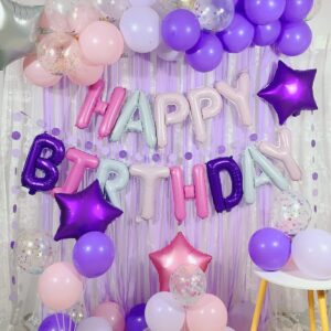 pink and purple birthday decorations, party supplies with happy birthday banner, confetti balloons, purple and pink balloons, cake toppers and paper streamer for women girls birthday party