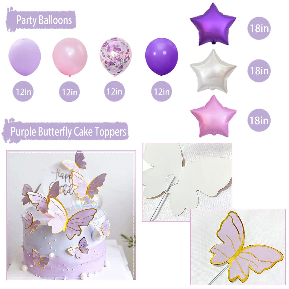 Pink and Purple Birthday Decorations, Party Supplies with Happy Birthday Banner, Confetti Balloons, Purple and Pink Balloons, Cake Toppers and Paper Streamer for Women Girls Birthday Party