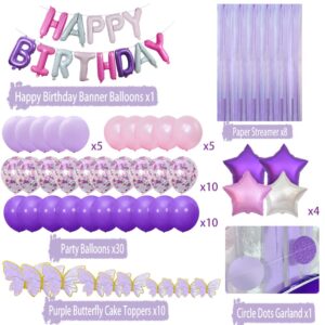 Pink and Purple Birthday Decorations, Party Supplies with Happy Birthday Banner, Confetti Balloons, Purple and Pink Balloons, Cake Toppers and Paper Streamer for Women Girls Birthday Party