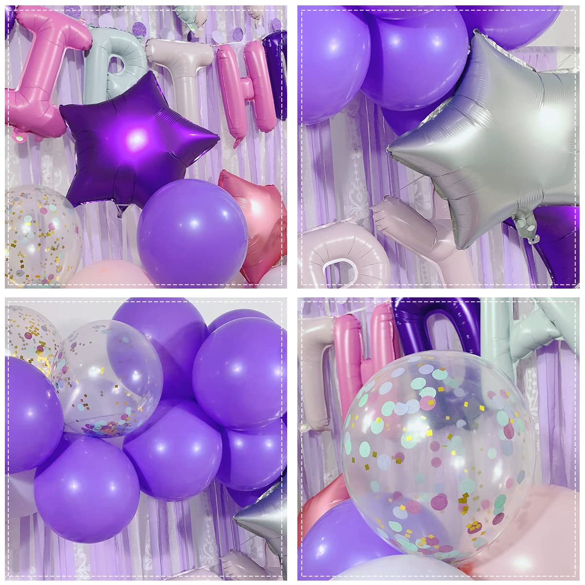 Pink and Purple Birthday Decorations, Party Supplies with Happy Birthday Banner, Confetti Balloons, Purple and Pink Balloons, Cake Toppers and Paper Streamer for Women Girls Birthday Party