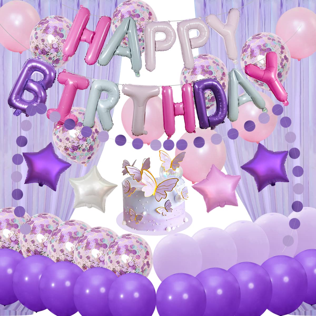 Pink and Purple Birthday Decorations, Party Supplies with Happy Birthday Banner, Confetti Balloons, Purple and Pink Balloons, Cake Toppers and Paper Streamer for Women Girls Birthday Party