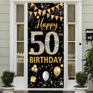 50th birthday decorations door banner, black gold happy 50th birthday decorations women men, door cover sign poster decor, 50 year old birthday party photo props backdrop, fabric 6.1ft x 3ft phxey
