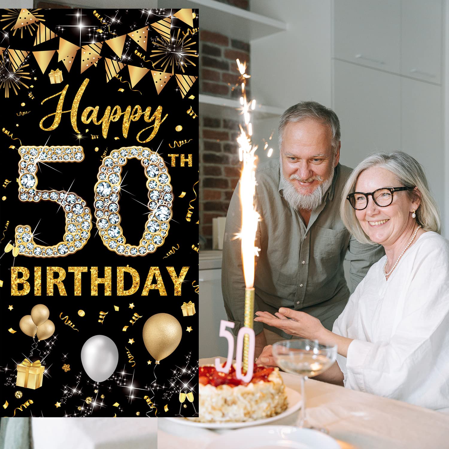 50th Birthday Decorations Door Banner, Black Gold Happy 50th Birthday Decorations Women Men, Door Cover Sign Poster Decor, 50 Year Old Birthday Party Photo Props Backdrop, Fabric 6.1ft x 3ft PHXEY