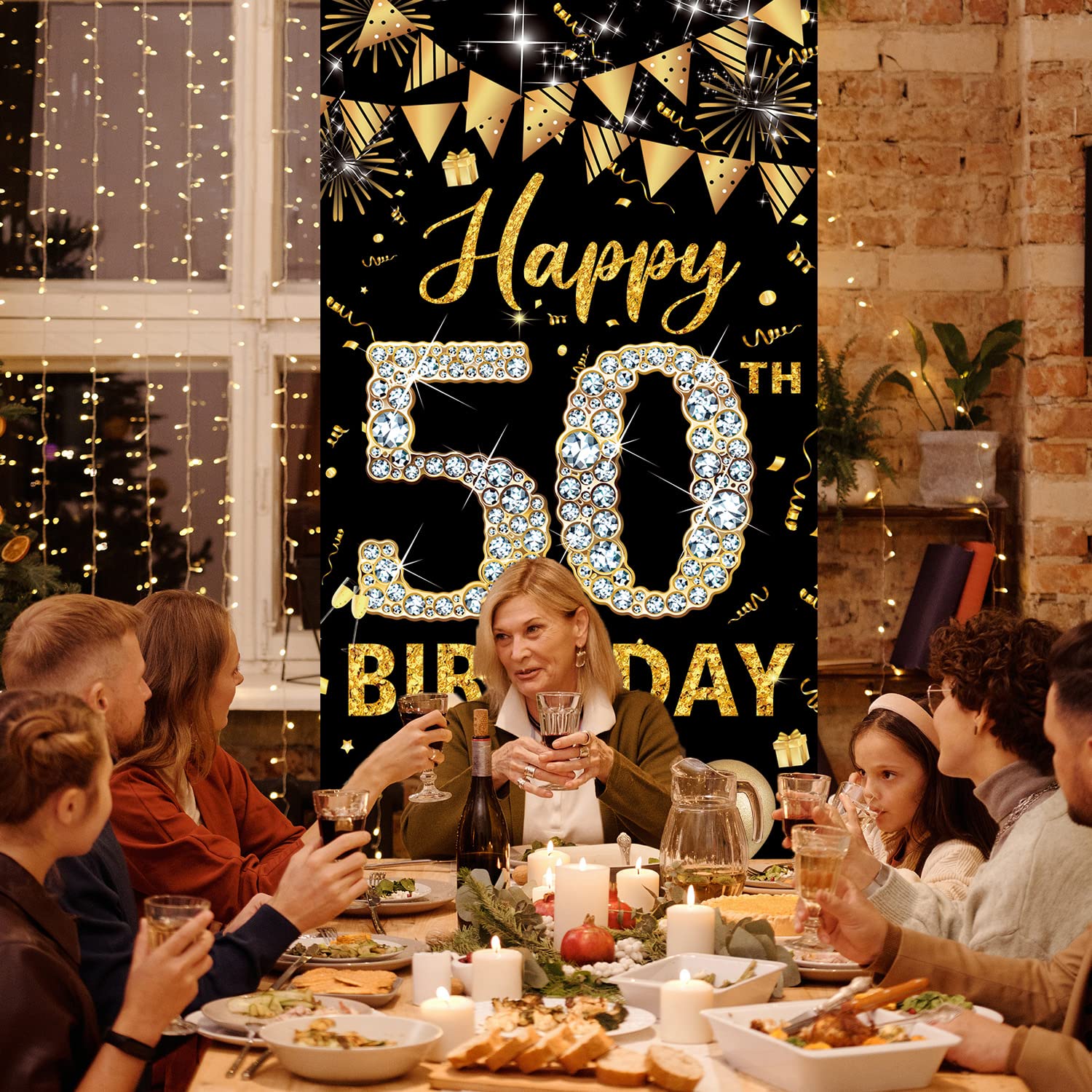 50th Birthday Decorations Door Banner, Black Gold Happy 50th Birthday Decorations Women Men, Door Cover Sign Poster Decor, 50 Year Old Birthday Party Photo Props Backdrop, Fabric 6.1ft x 3ft PHXEY