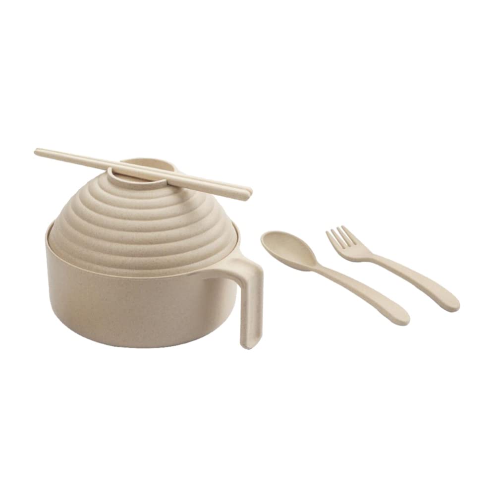 Hemoton Cereal Bowl Rice Bowl Noodle Bowl with Lid and Handle Wheat Straw Noodle Bowls with Wheat Straw Fork Chopsticks Spoon for Ramen Cereal Soup Salad Ramen Cooker Snack Set