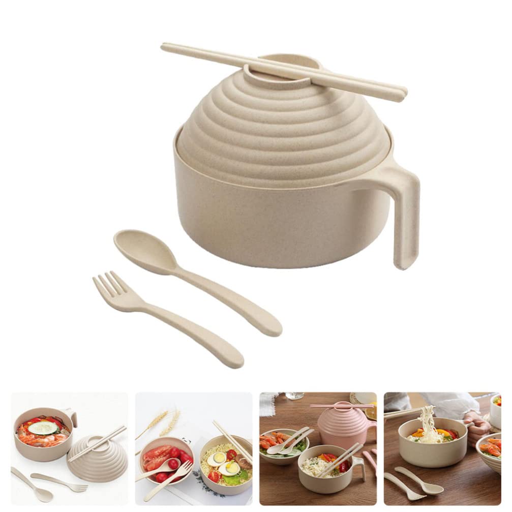 Hemoton Cereal Bowl Rice Bowl Noodle Bowl with Lid and Handle Wheat Straw Noodle Bowls with Wheat Straw Fork Chopsticks Spoon for Ramen Cereal Soup Salad Ramen Cooker Snack Set