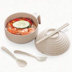 Hemoton Cereal Bowl Rice Bowl Noodle Bowl with Lid and Handle Wheat Straw Noodle Bowls with Wheat Straw Fork Chopsticks Spoon for Ramen Cereal Soup Salad Ramen Cooker Snack Set