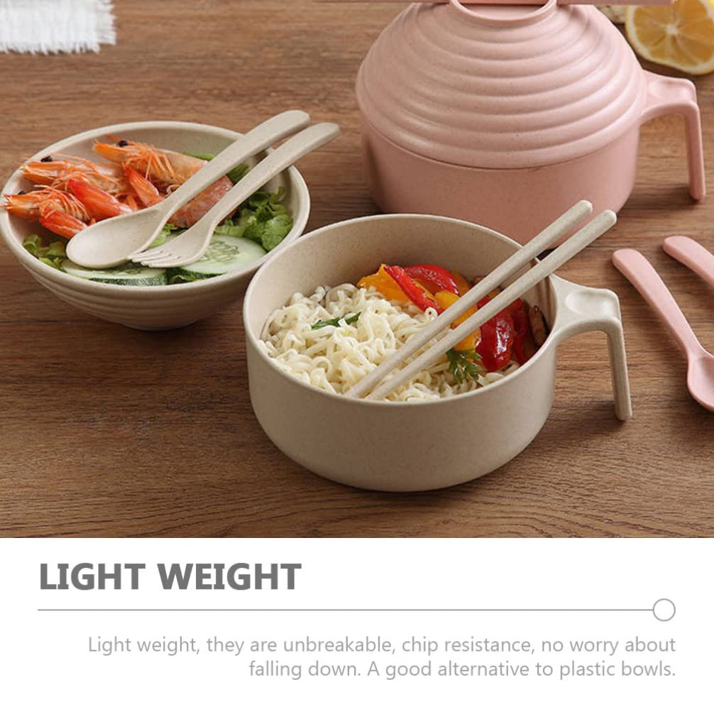 Hemoton Cereal Bowl Rice Bowl Noodle Bowl with Lid and Handle Wheat Straw Noodle Bowls with Wheat Straw Fork Chopsticks Spoon for Ramen Cereal Soup Salad Ramen Cooker Snack Set