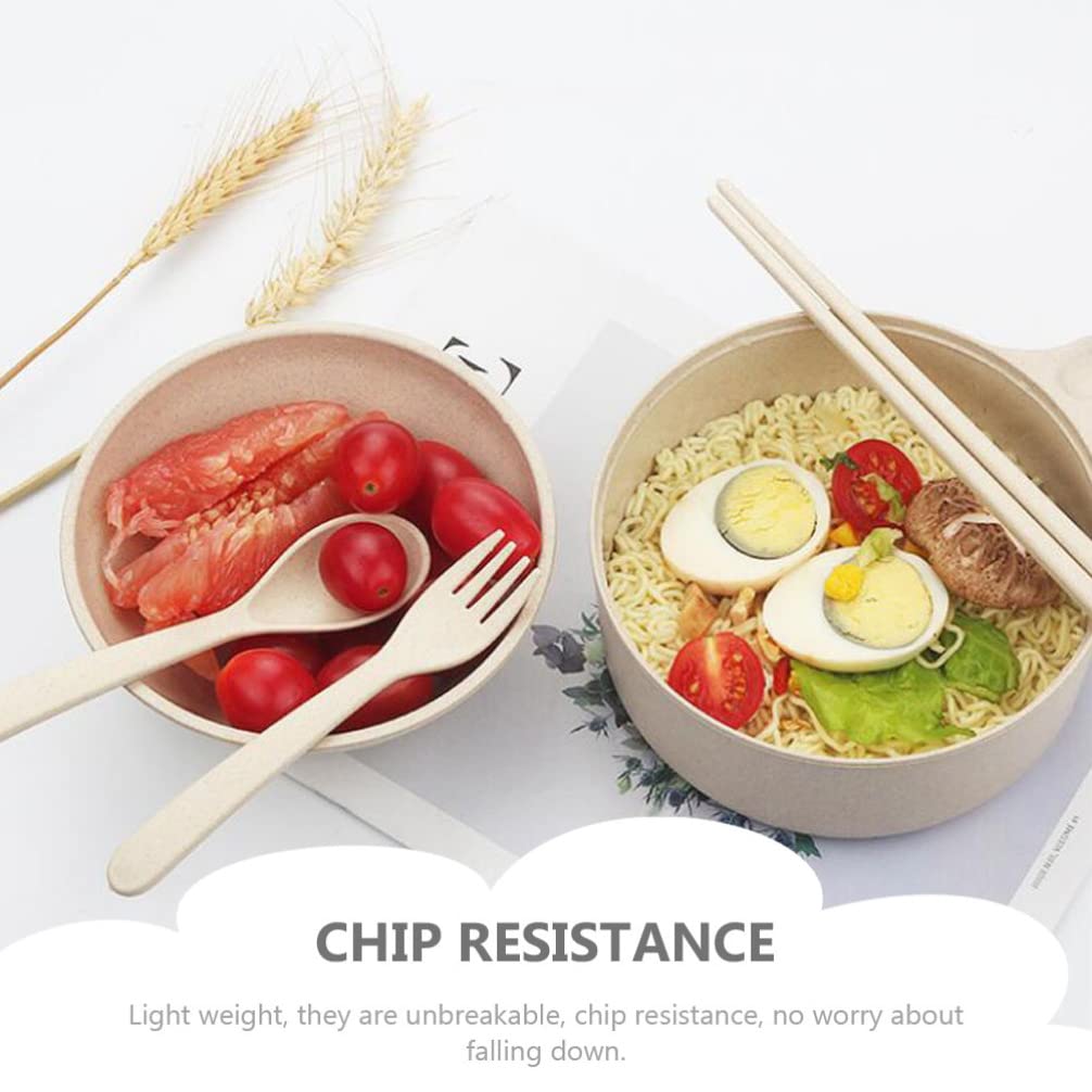 Hemoton Cereal Bowl Rice Bowl Noodle Bowl with Lid and Handle Wheat Straw Noodle Bowls with Wheat Straw Fork Chopsticks Spoon for Ramen Cereal Soup Salad Ramen Cooker Snack Set