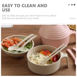 Hemoton Cereal Bowl Rice Bowl Noodle Bowl with Lid and Handle Wheat Straw Noodle Bowls with Wheat Straw Fork Chopsticks Spoon for Ramen Cereal Soup Salad Ramen Cooker Snack Set