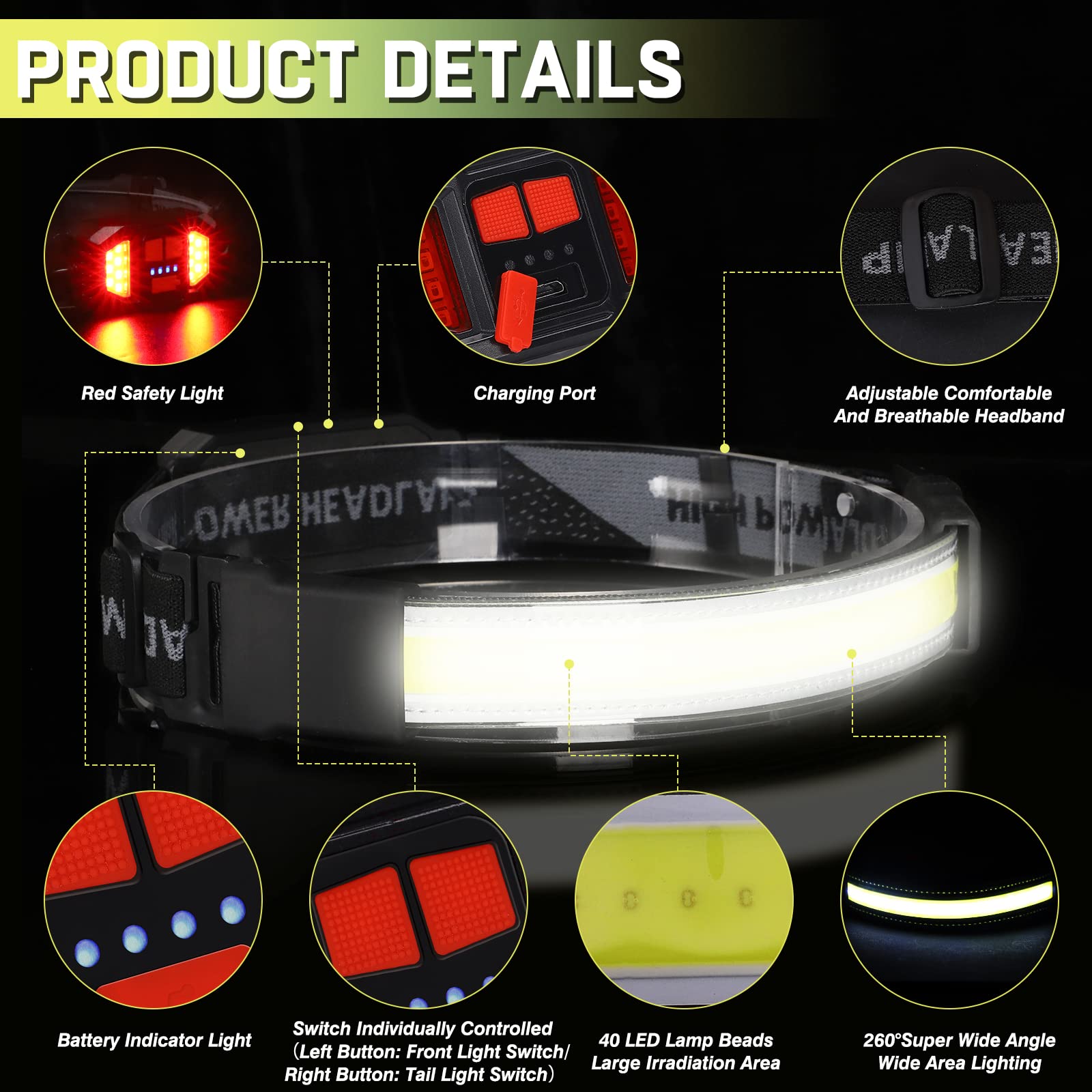 Headlamp Rechargeable,Ultra Bright Upgrade 1500 Lumens 6 Modes Head Lamp Led Rechargeable with Taillight(Individual Control),230°Wide Beam Waterproof Headlamps for Adults Outdoor Camping Running