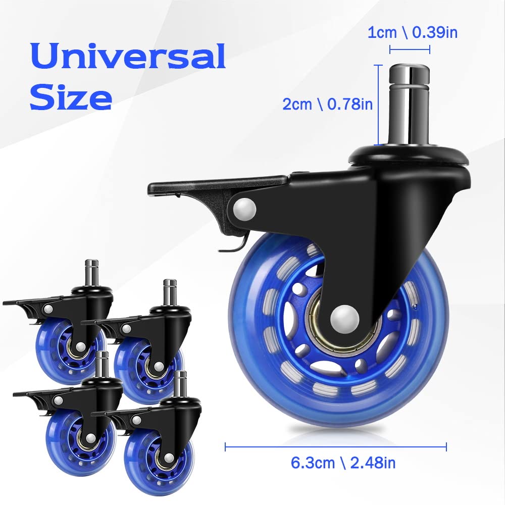 Office Chair Wheels with Brake, Replacement Rubber Chair Casters for Hardwood Floors and Carpet, Set of 5, Heavy Duty Office Chair Casters for Chairs to Replace Office Chair Mats -Universal Fit.