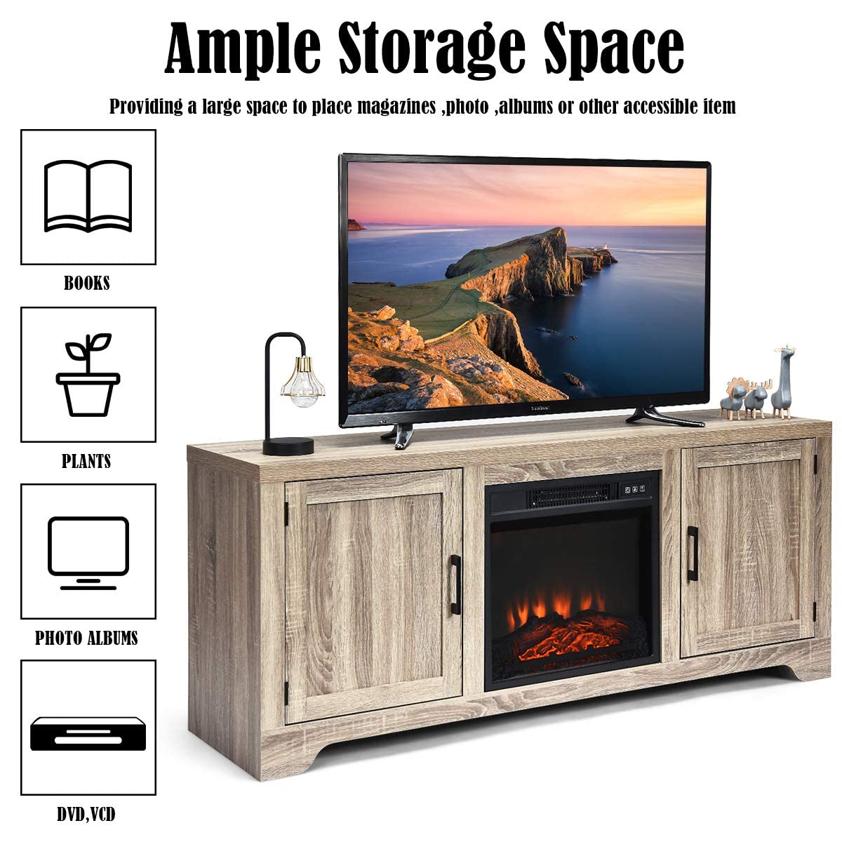 GRAFFY 65" Fireplace TV Stand, Wooden Television Console w/2 Storage Cabinets & Open Shelves, Modern Farmhouse Storage Cabinet Console with Doors, for 18"x 17" Electric Fireplace(not Included)