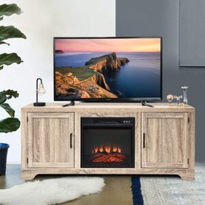 GRAFFY 65" Fireplace TV Stand, Wooden Television Console w/2 Storage Cabinets & Open Shelves, Modern Farmhouse Storage Cabinet Console with Doors, for 18"x 17" Electric Fireplace(not Included)