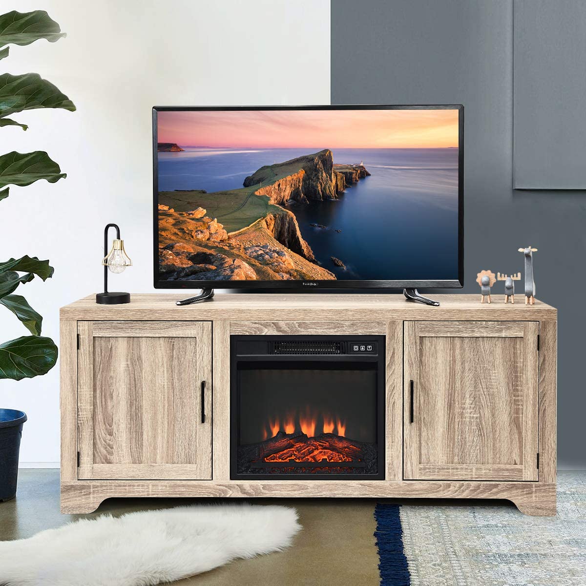 GRAFFY 65" Fireplace TV Stand, Wooden Television Console w/2 Storage Cabinets & Open Shelves, Modern Farmhouse Storage Cabinet Console with Doors, for 18"x 17" Electric Fireplace(not Included)