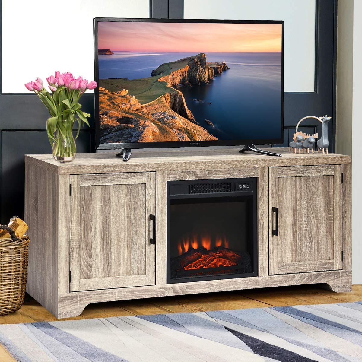 GRAFFY 65" Fireplace TV Stand, Wooden Television Console w/2 Storage Cabinets & Open Shelves, Modern Farmhouse Storage Cabinet Console with Doors, for 18"x 17" Electric Fireplace(not Included)