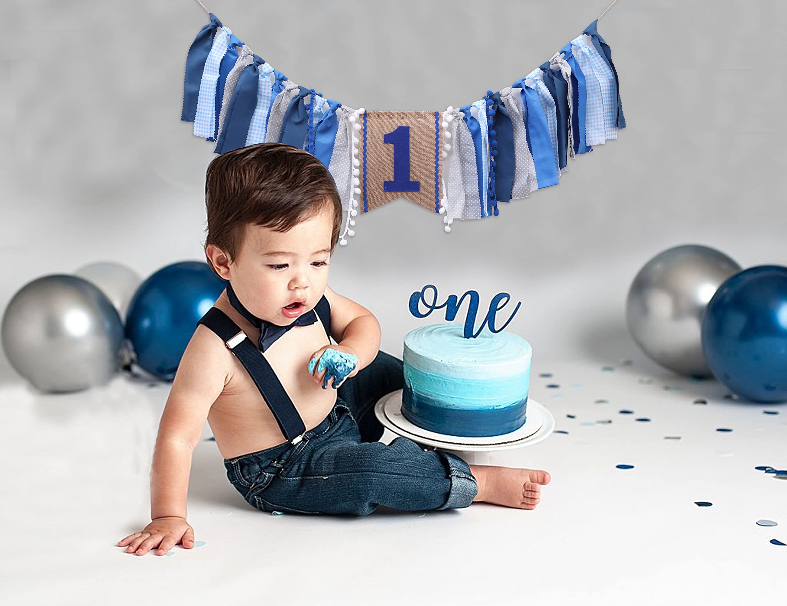 High Chair Banner Boy - First Birthday Decorations For Boy 1st Birthday Banner Highchair Party Supplies Photo Booth Props(Blue White)
