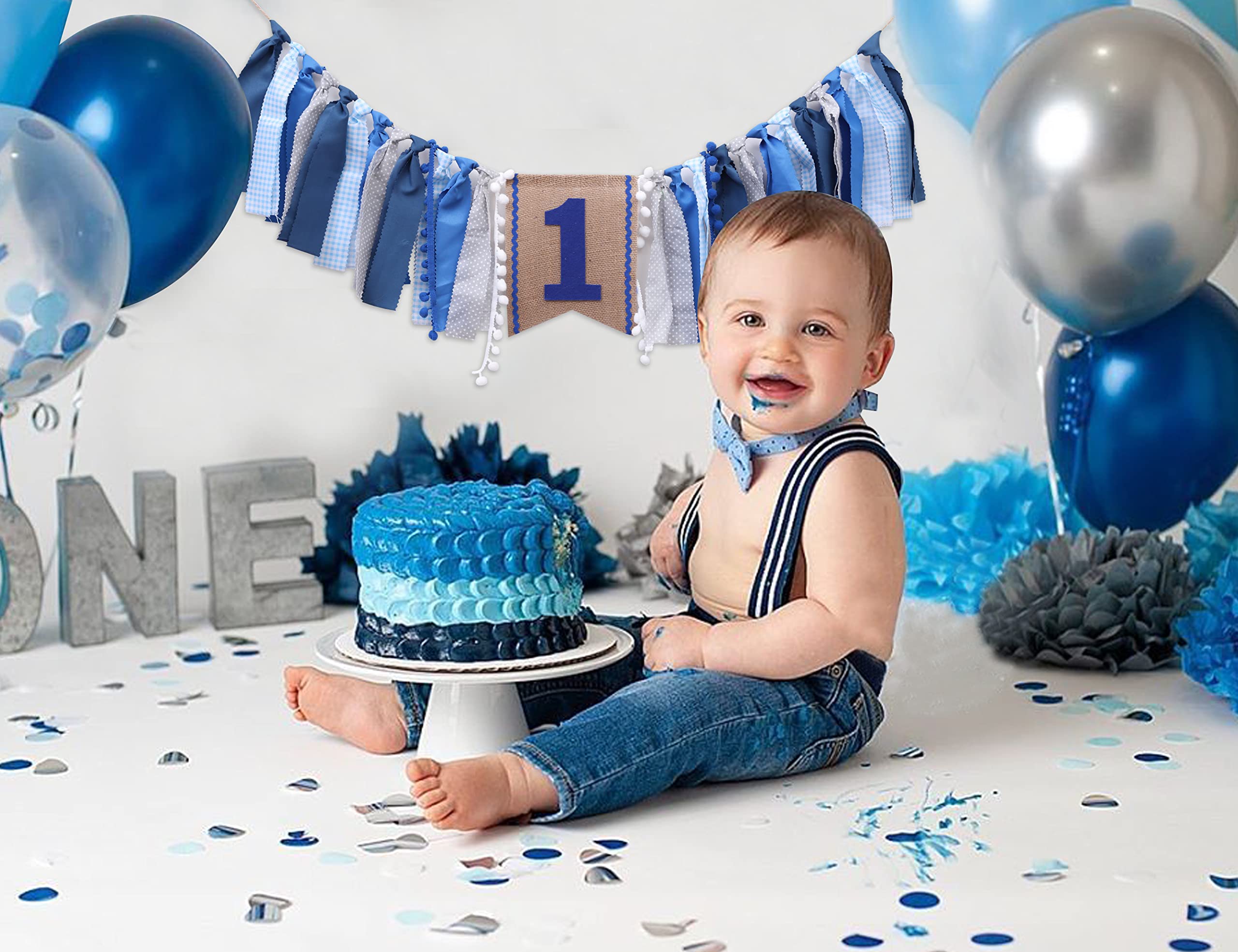 High Chair Banner Boy - First Birthday Decorations For Boy 1st Birthday Banner Highchair Party Supplies Photo Booth Props(Blue White)