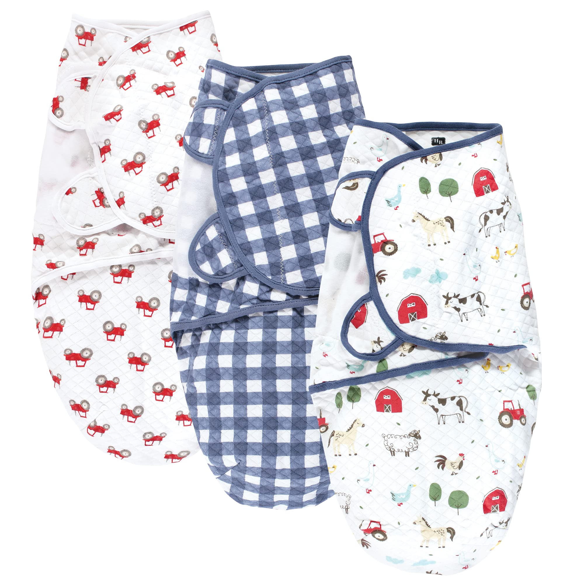 Hudson Baby Unisex Baby Quilted Cotton Swaddle Wrap 3pk, Boy Farm Animals, 0-3 Months