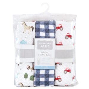 Hudson Baby Unisex Baby Quilted Cotton Swaddle Wrap 3pk, Boy Farm Animals, 0-3 Months