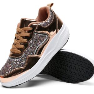 DADAWEN Women's Glitter Platform Wedge Athletic Tennis Walking Shoes Sparkly Sequin Lightweight Non Slip Casual Comfort Fashion Sneakers Gold US Size 8