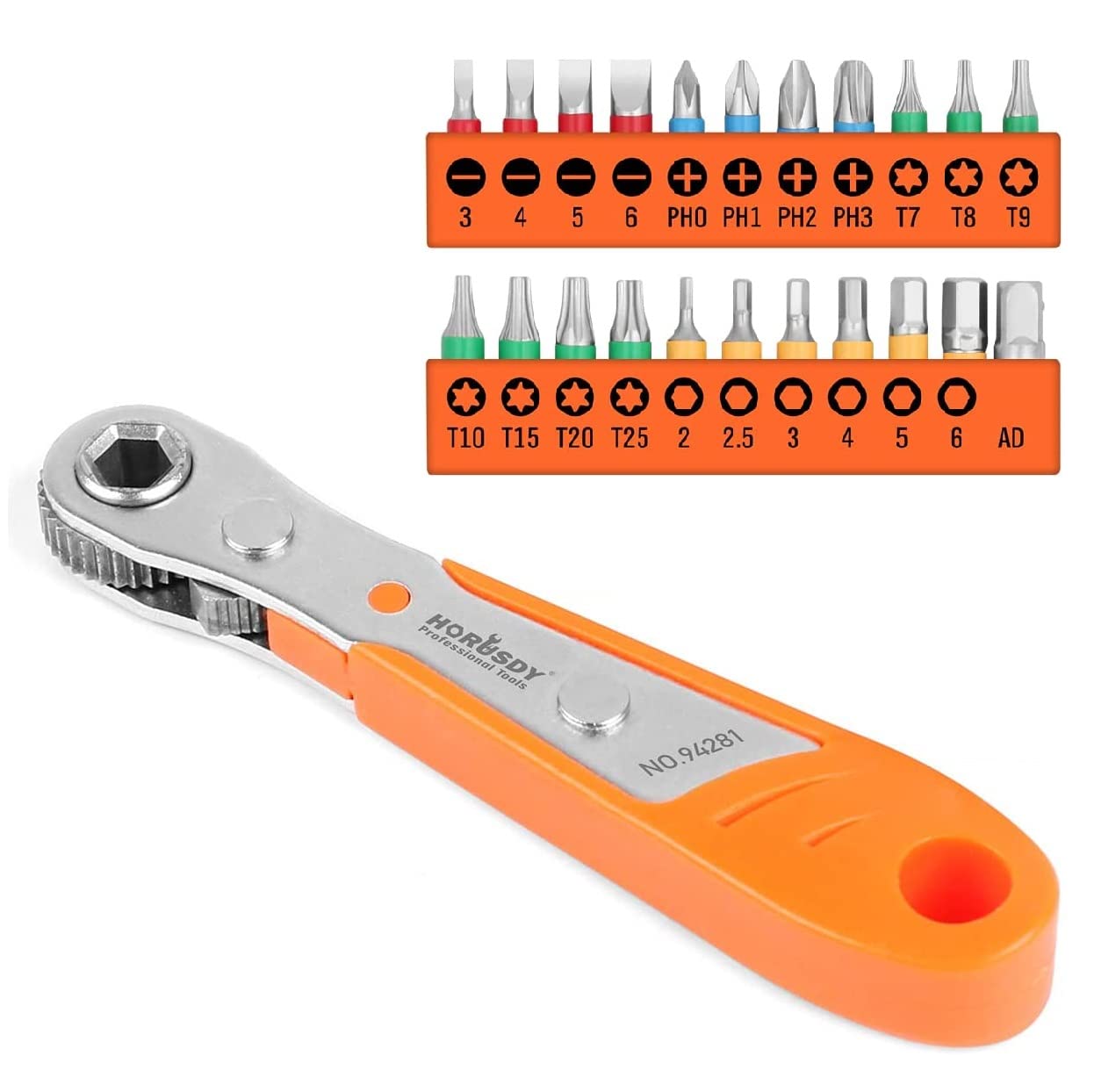 HORUSDY 23-Piece 1/4 Mini Ratchet Offset Screwdriver Bit Set, S2 Steel Right Angle Screwdriver with 90 Degree Mini Offset Reversible Drive Handle& Multi Hex/Phillips/Slotted/Torx Star Bit