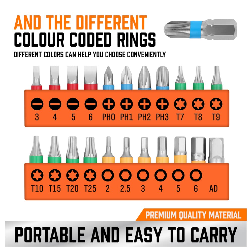 HORUSDY 23-Piece 1/4 Mini Ratchet Offset Screwdriver Bit Set, S2 Steel Right Angle Screwdriver with 90 Degree Mini Offset Reversible Drive Handle& Multi Hex/Phillips/Slotted/Torx Star Bit