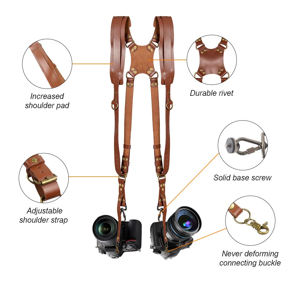 Kasla Camera Strap,Camera Straps for Photographers,Leather Dual Camera Strap for Two DSLR/SLR Cameras (Brown)