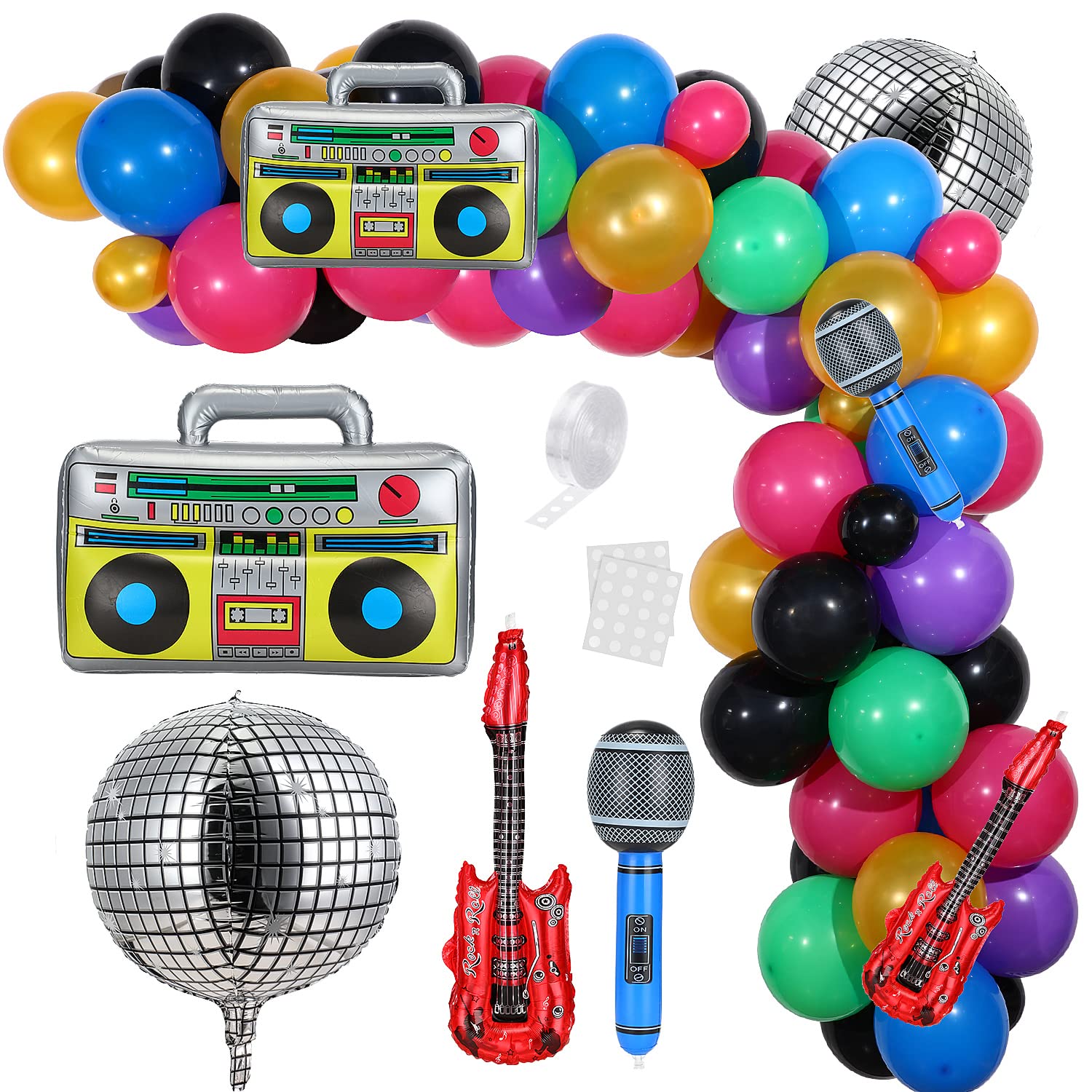 90s 80s Theme Disco Party Decoration Disco Balloons Colorful Balloon Arch Garland with Inflatable Radio Guitar Microphone 4D Foil Balloons for Back to 90s Birthday Supply