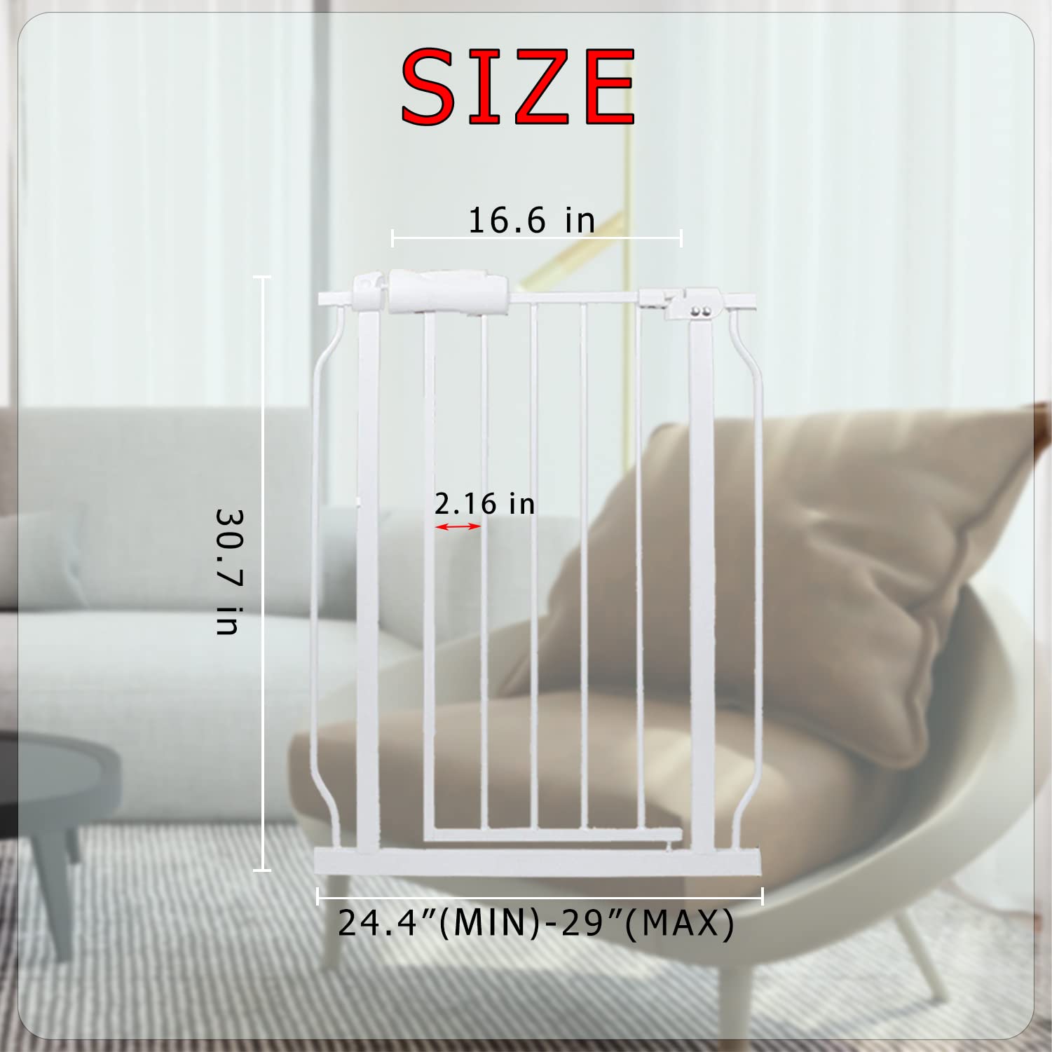 Thasamm Narrow Baby Gate 24"-29" for Doorways Stairs Tension Indoor Safety Gates White Metal Large Pressure Mounted Pet Gate Walk Through Long Safety Dog Gate for The House Doorways Stairs